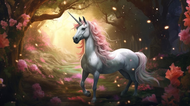 Zdjęcie moonlight enchantment mystical unicorn in the forest generative ai (mistyczny jednorożec w lesie)