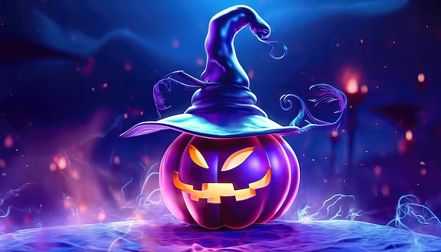 Moonlit Halloween Pumpkin w Witch Hat Generative AI