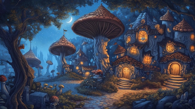 Moonlit Mushroom Hamlet Światły olbrzymi las grzybów psychodeliczna fantazja AI Generative