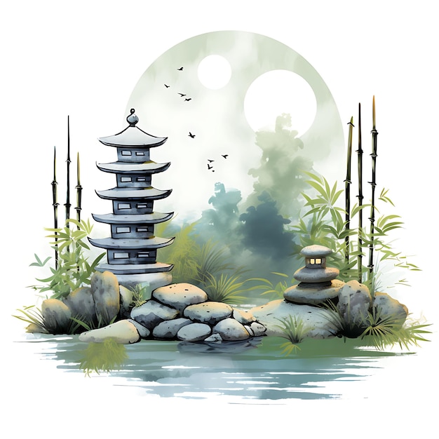 Moonlit Zen Garden Bamboo kąt medytacyjny z pluszowym C Przyjemnym akwarelem natury dekoracyjnym