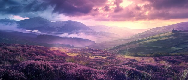 Moorland lub Moor Wuthering Heights Heather Fields i Hills Castle na górach Kopiować przestrzeń