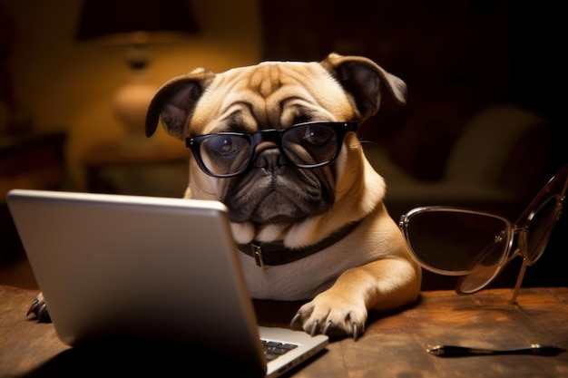 Mops w okularach i okularach siedzi przy biurku z laptopem.