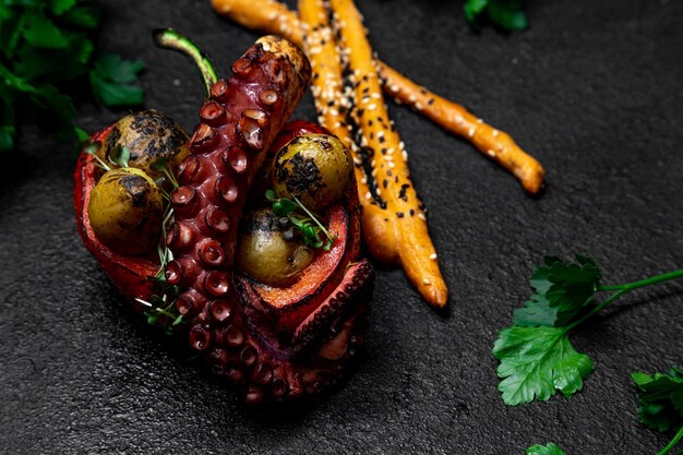 Morska delikatność grillowana ośmiornica z grillowanymi warzywami Dania na ciemnym dekorowanym tle