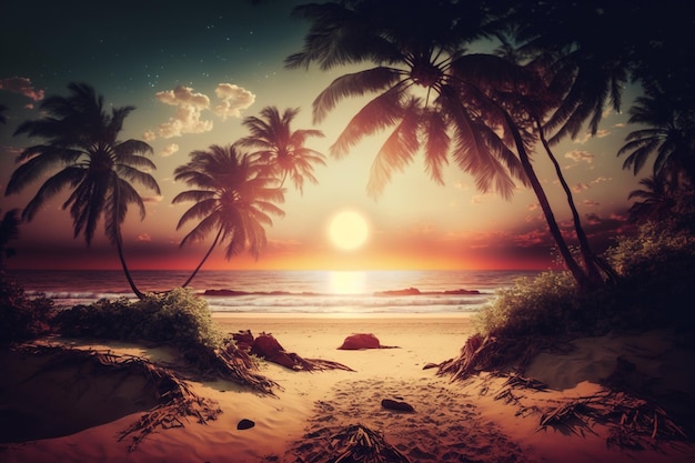 Morska plaża o zachodzie słońca krajobraz z palmami piasku i generatywną sztuczną inteligencją nieba
