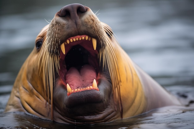 Zdjęcie morski lew ziewa, pokazując zęby.