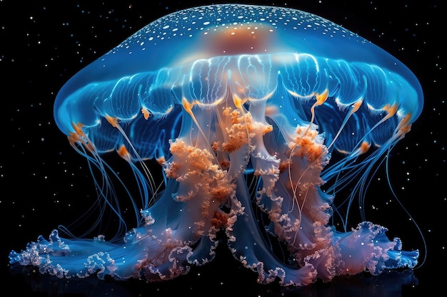 Morskie meduzy świecą na tle ciemnego morza profesjonalne zdjęcia