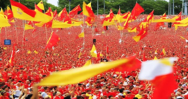 Morze czerwonych i żółtych flag macha w powietrzu, gdy hiszpańska drużyna świętuje swoje zwycięstwo.