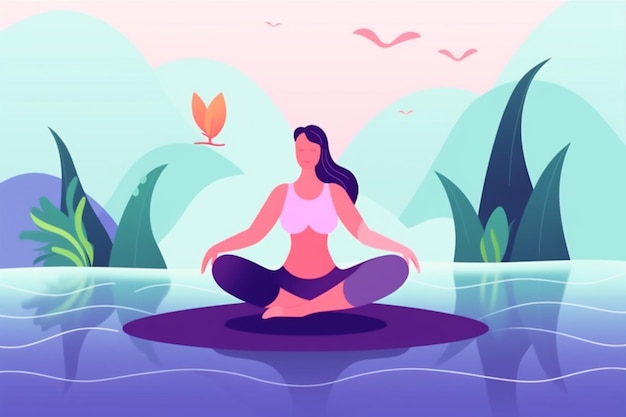 Morze kobieta lotus ćwiczenia ocean joga osoba medytacja relaks młody powrót Generative AI