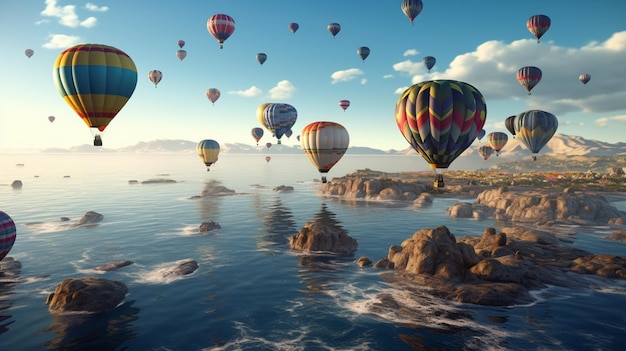 Morze kolorów balonów na ogrzane powietrze na tle dramatycznej scenerii oceanu