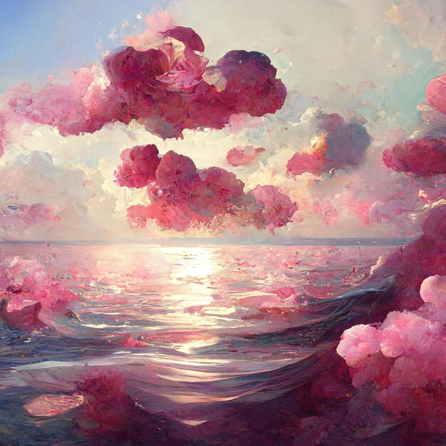 Morze, piaszczysta plaża różowa puszysta chmura piękne tło natura pastelowy rysunek miękkie kolory, błękitne niebo