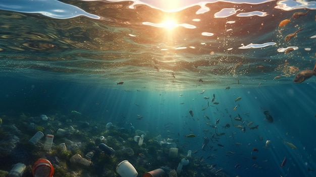 Morze plastikowych butelek i śmieci unoszących się w oceanie.