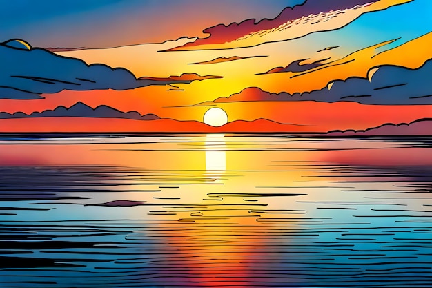 Morze w stylu pop-art o zachodzie słońca Ilustracja generatywna AI