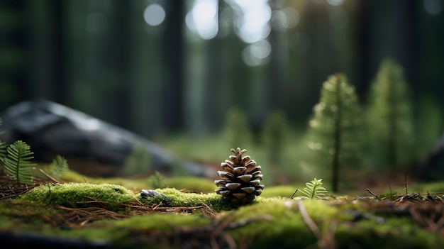 Zdjęcie mossy harmony lone pinecone w zielonej symfonii natury