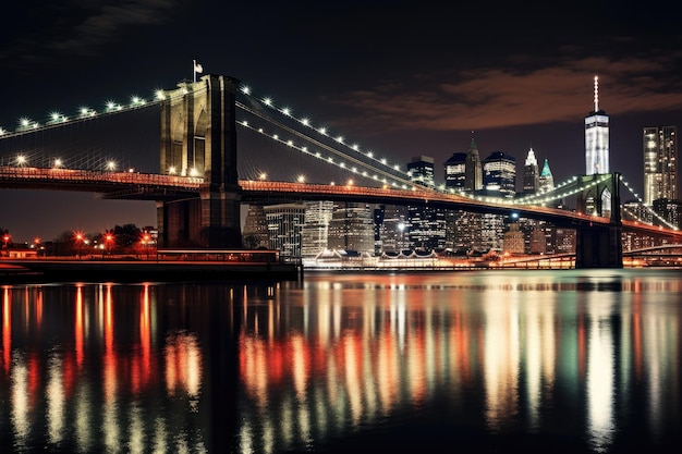 Most Brookliński i panoramę Manhattanu nocą Nowy Jork Most Brookliński nocna ekspozycja AI Wygenerowano