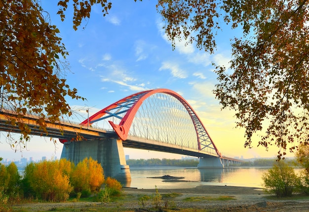 Most Bugrinsky w złotej jesieni Łukowy most samochodowy nad brzegiem Ob Nowosybirsk