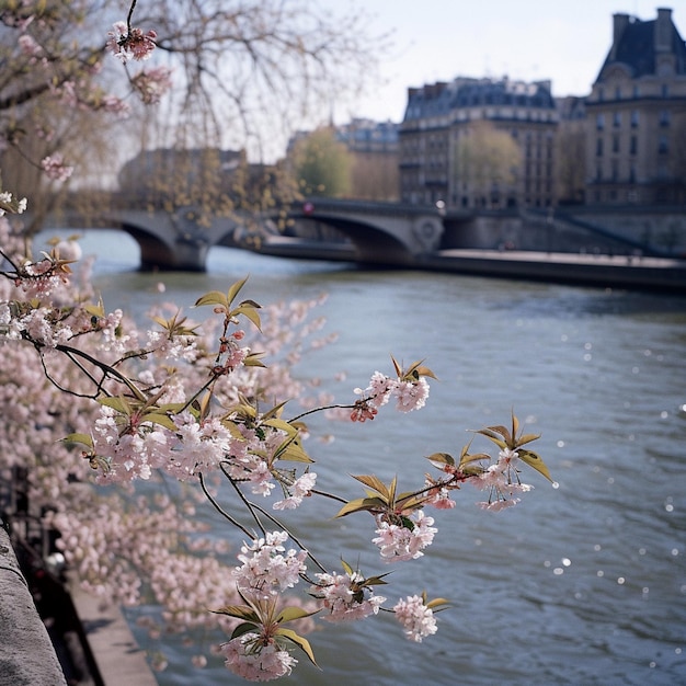 Most nad rzeką w Paryżu wiosną z kwiatami wiśni