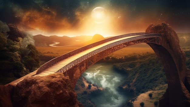Most nad rzeką z pełnią księżyca w tle