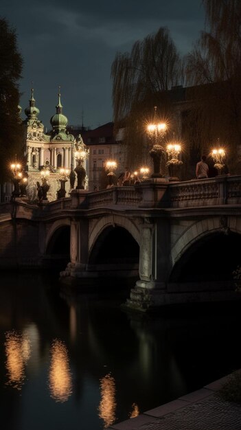 Most nad rzeką ze światłami