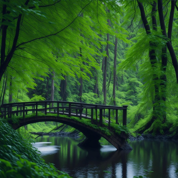 Most nad strumieniem w lesie z zielonymi drzewami.