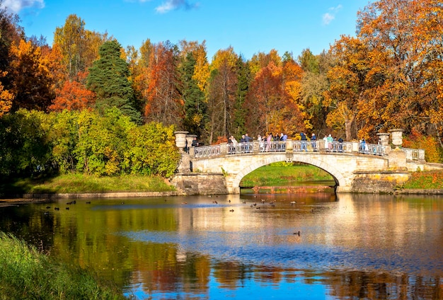 Most Viskontyev nad rzeką Slavyanka jesienią Pavlovsky park Pavlovsk Sankt Petersburg Rosja