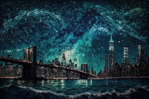 Most wieżowce miasto Gwiaździste niebo droga mleczna Abstrakcyjny obraz w stylu postimpresjonizmu Generative AI