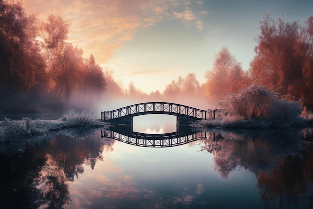 most z odbiciem drzew i zachodzącego za nim słońca.