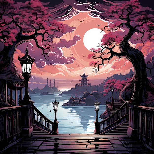 most z różowym księżycem i most z różovým księżycem na tle