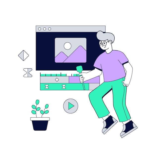 Motion Designer edytuje linię czasową Guy levituje ilustrację wektorową