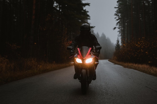 Motocykl jadący w kierunku kamery w jesiennym lesie