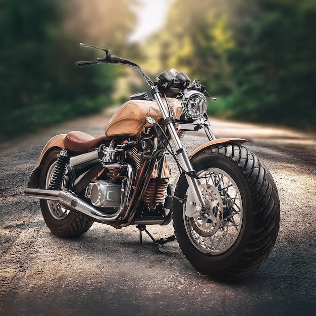 motocykl jest zaparkowany na drodze, a słońce świeci przez drzewa