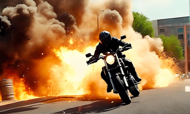 Motocykl uciekający przed eksplozją