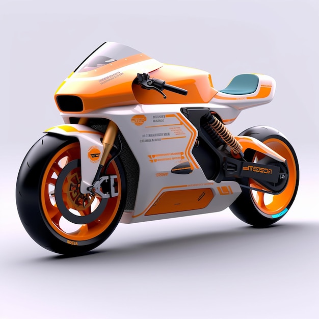 Motocykl z biało-pomarańczowym wzorem z przodu.