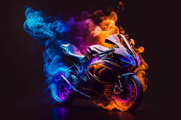 Zdjęcie motocykl z płomieniami i dymem na czarnym tle generative ai