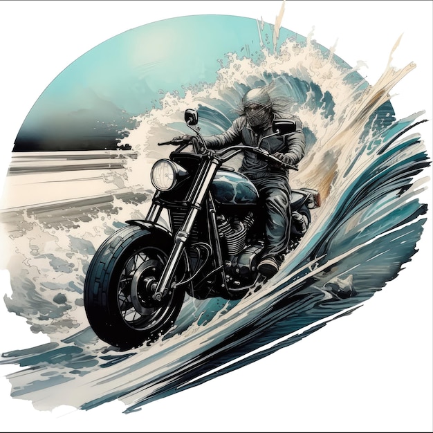 motocyklista biegnie na motocyklu przez fale na białym tle