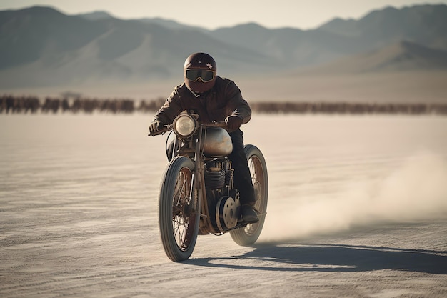 Motocyklista jadący przez słoną pustynię Uyuni Wygenerowana sztuczna inteligencja sieci neuronowej