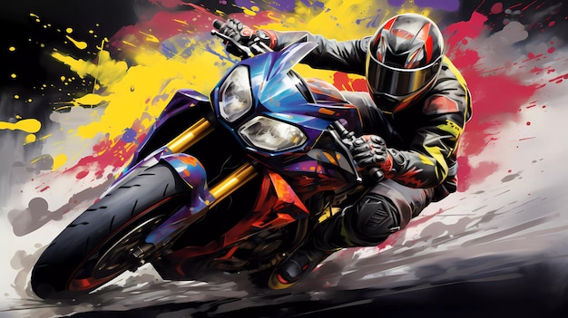Motocyklista jedzie za kierownicą sportowego motocykla w stylu graffiti