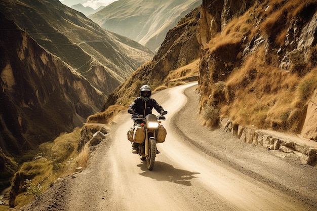 Motocyklista jeżdżący na motocyklu w pięknym górskim krajobrazie
