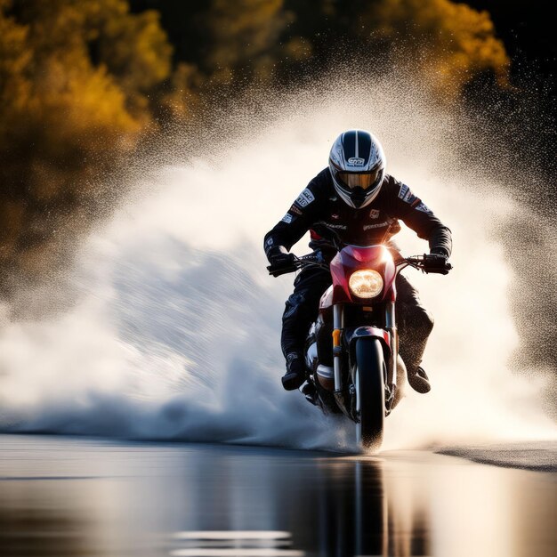 Zdjęcie motocyklista jeżdżący szybkim motocyklem na motocyklu w deszczu motocyklista jeźdzący szybkim motem