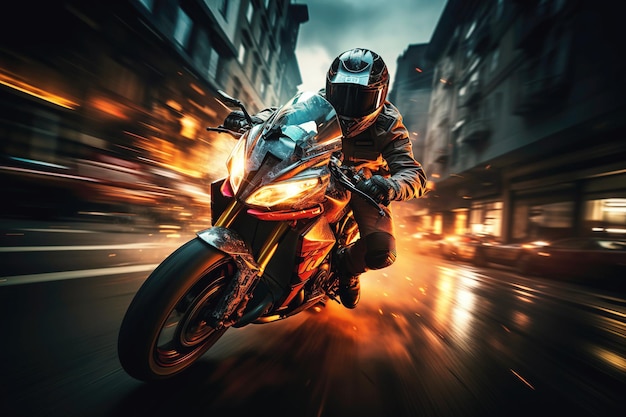 motocyklista jeździ szybko motocyklem sportowym po drodze w mieście nocą Prędkość rozmycia ruchu