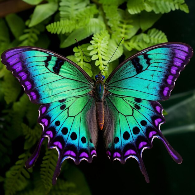 motyl araffe z niebieskimi i fioletowymi skrzydłami siedzący na zielonej roślinie generatywnej AI