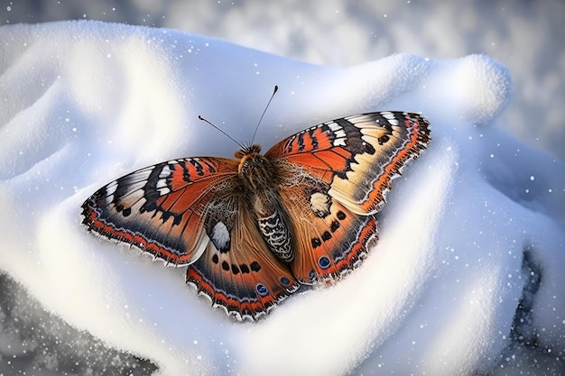 Motyl fruwający nad warstwą śniegu