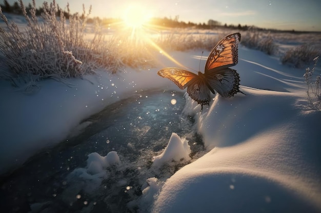 Motyl fruwający przez śnieżny krajobraz ze słońcem świecącym za nim