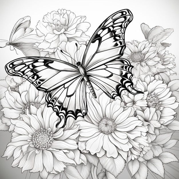 motyl i kwiaty, rysunek artysty w czerni i bieli generatywnej AI