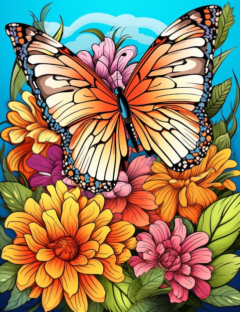 Motyl i kwiaty z niebieskim tle nieba generatywna ai