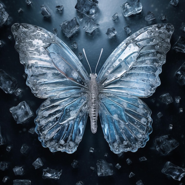 Motyl jest otoczony kostkami lodu, a słowo „motyl” znajduje się po prawej stronie.