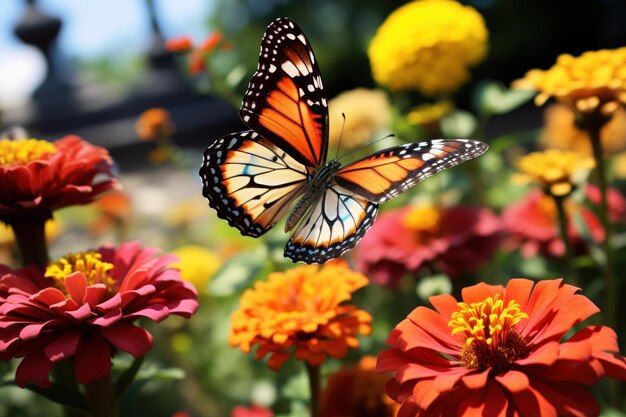 Motyl lecący nad polem kwiatów