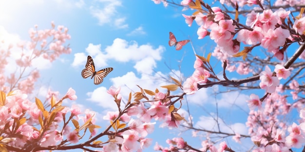 motyl leci nad drzewem z różowymi kwiatami