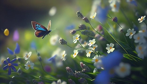 Motyl leci nad polem kwiatów.