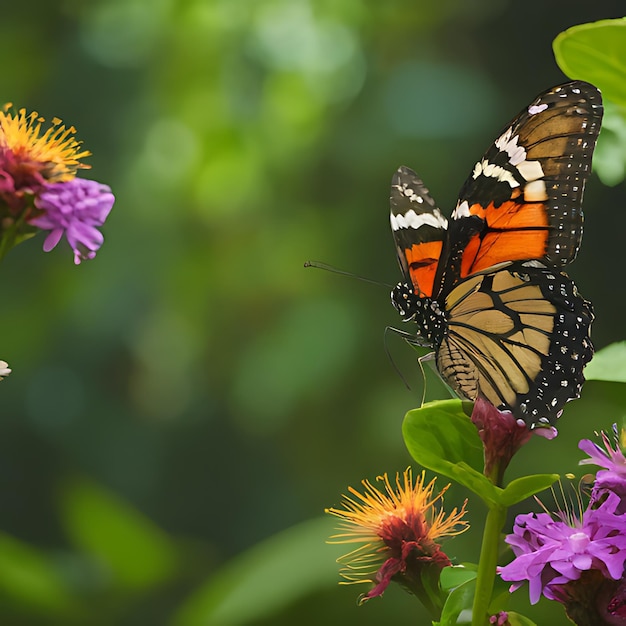 Motyl monarch jest na kwiecie w ogrodzie.