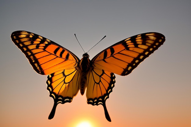 Motyl monarcha leci na niebie o zachodzie słońca.